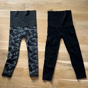 Compression postpartum crop-length leggings bundle, one black and one camouflage